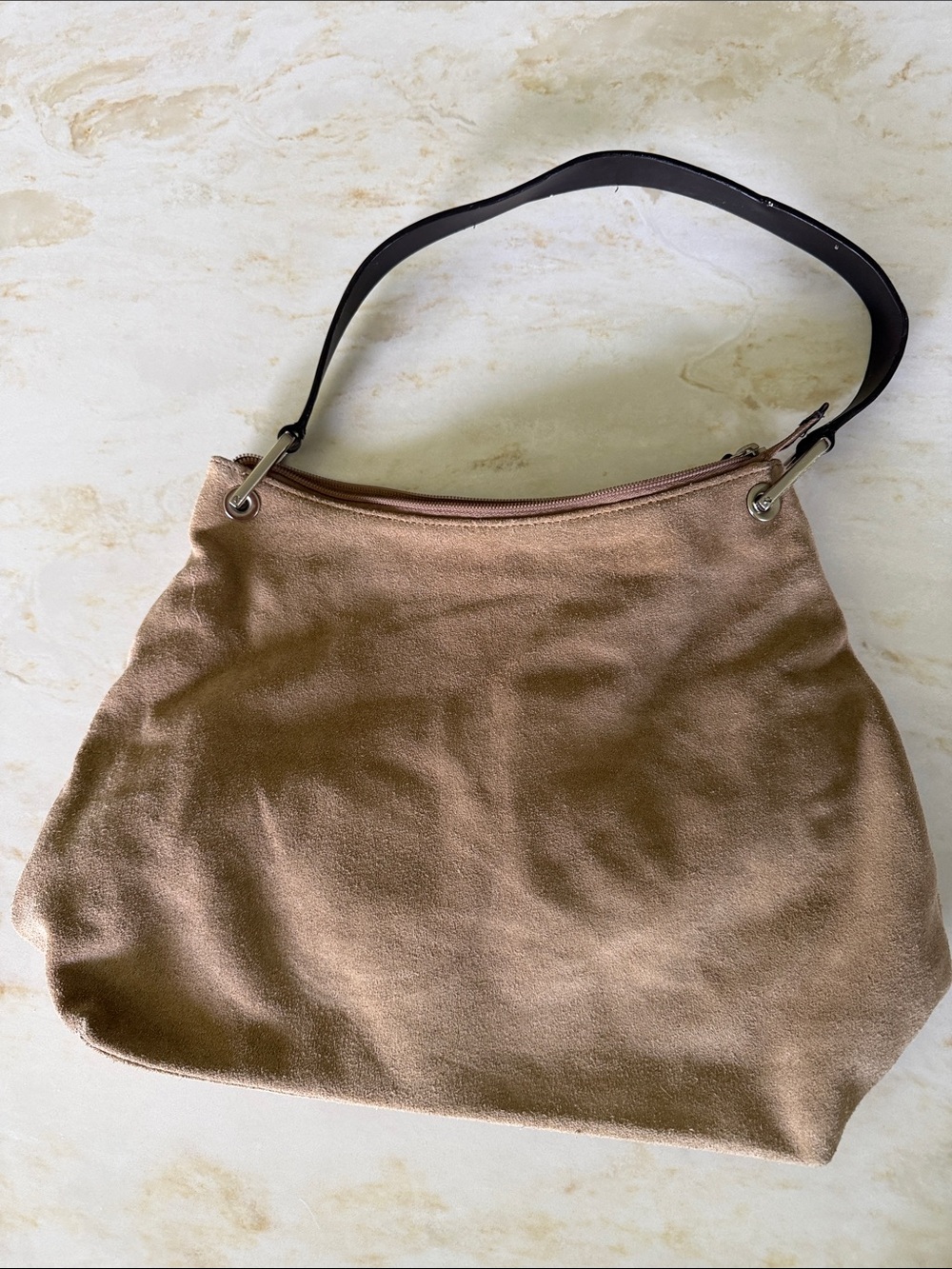Eddie Bauer Taupe Suede Shoulder Bag with Black Strap